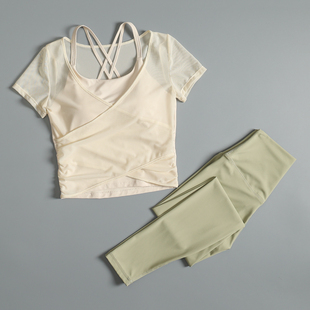 瑜伽服套装女夏季修身显瘦普拉提健身衣带胸垫运动短袖速干长裤