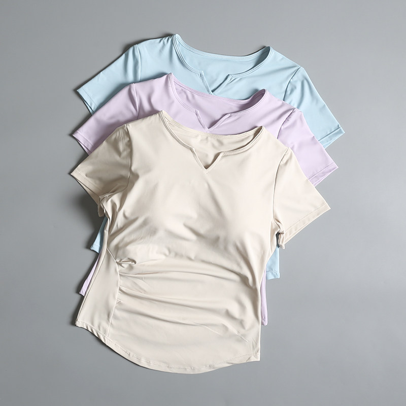 带胸垫瑜伽服短袖女夏季V领修身显瘦训练健身上衣速干跑步运动T恤,运动服/休闲服装,健身衣,淘宝优惠券,粉丝福利购,淘宝优惠卷