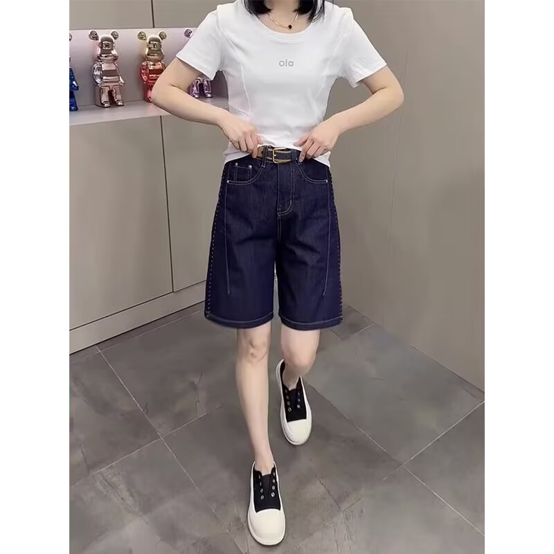 牛仔短裤女大码夏季薄款高腰五分裤梨形身材显瘦宽松a字阔腿裤子