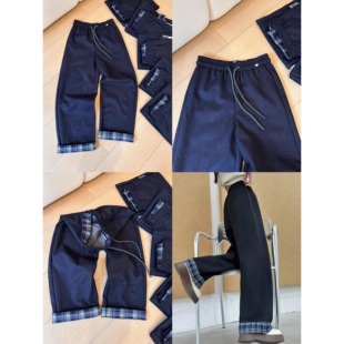 松紧腰宽松显瘦直筒休闲裤 女冬季 子 H15撞色加厚毛呢阔腿裤 柜398