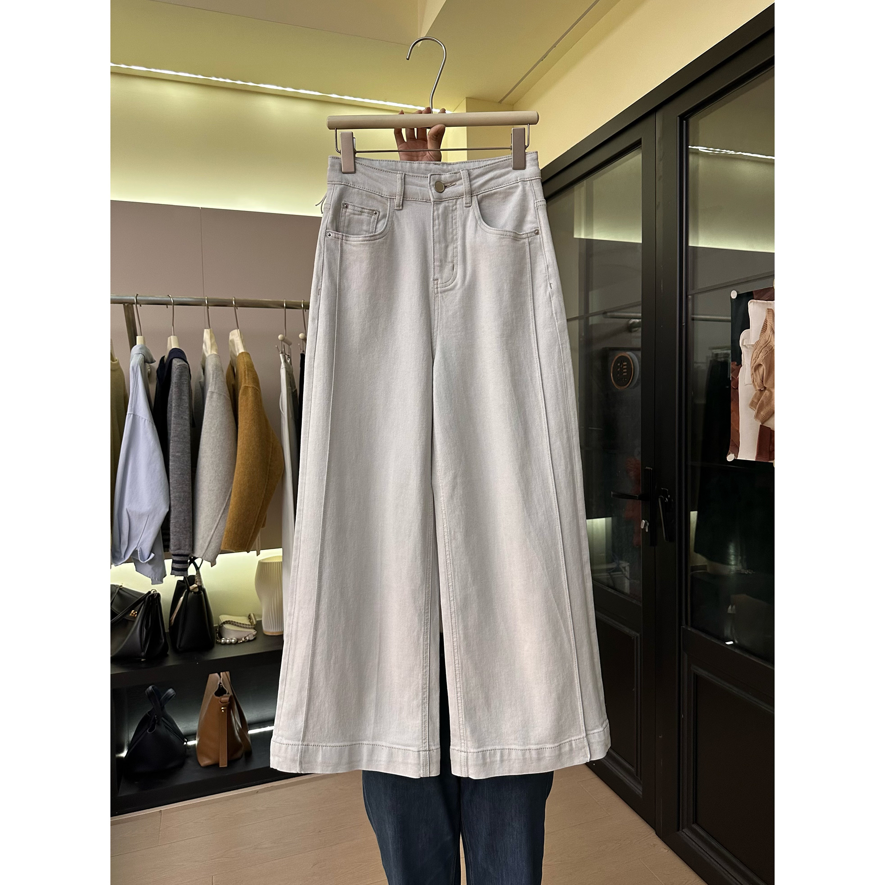 A31白色牛仔裤女阔腿秋冬加厚水洗棉韩版高腰宽松显瘦窄版直筒裤