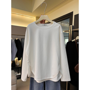 秋宽松开叉设计感叠穿长袖 Q57白色T恤女内搭打底衫 上衣 十三行