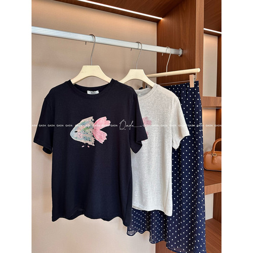 【麻感棉】短袖T恤女小丑鱼刺绣H25 减龄百搭内搭打底衫半袖上衣