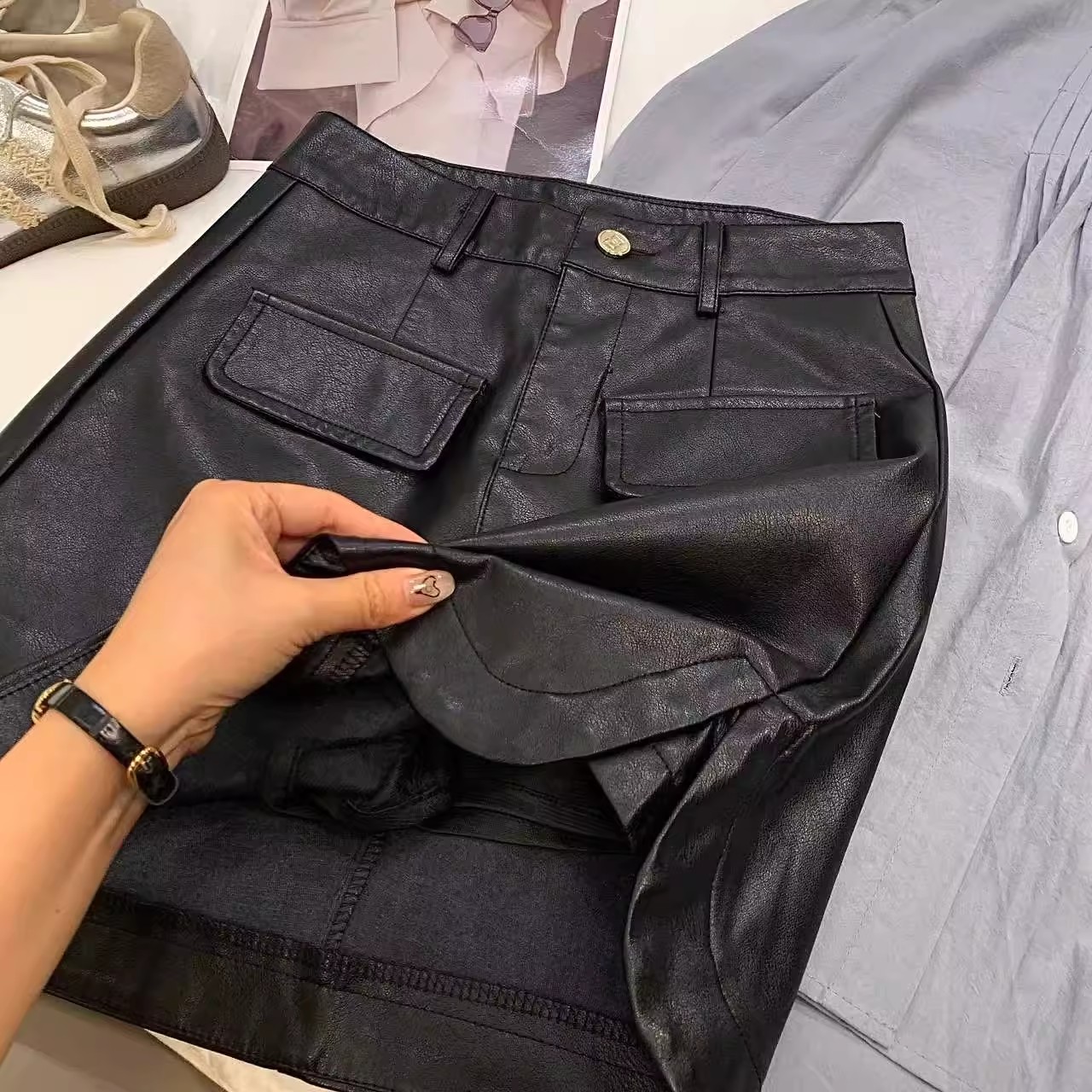 J79机车工装皮裙女短裙2025夏季高腰显瘦辣妹甜酷风包臀A字半身裙