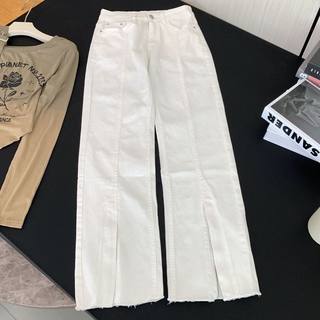 A30白色牛仔裤女喇叭裤2024夏薄款高腰显瘦设计感弹力开叉微喇裤