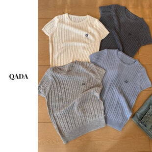 A53土星刺绣绞花短袖针织衫女薄款夏季韩系简约圆领显瘦遮肉上衣