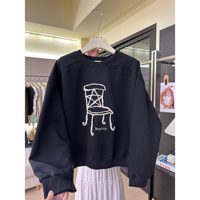 A65圆领套头卫衣女短款2025早秋慵懒风宽松休闲百搭外套长袖上衣