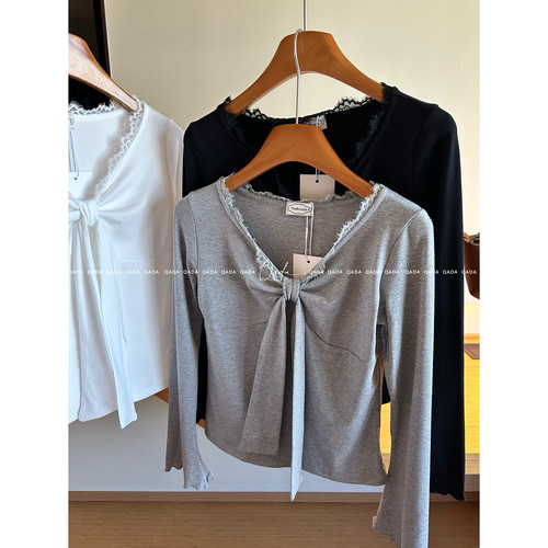 Brun*ch原。纯欲风长袖T恤女V领系带J18秋冬法式蕾丝边内搭打底衫