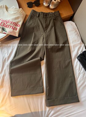 J60军绿色高腰阔腿裤女夏季宽松九分休闲裤薄款后松紧腰直筒裤