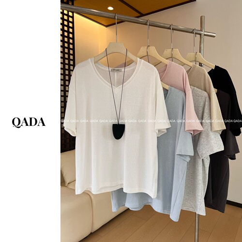 Eru*e原！J49竹节棉V领短袖T恤女夏季慵懒风宽松设计感打底衫上衣