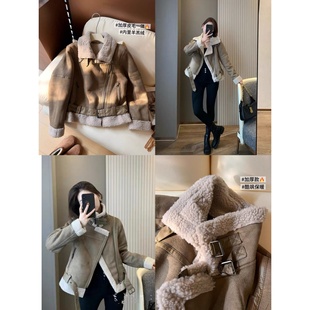 A23麂皮绒皮毛一体外套女冬设计感机车服羊羔绒加厚保暖翻领夹克