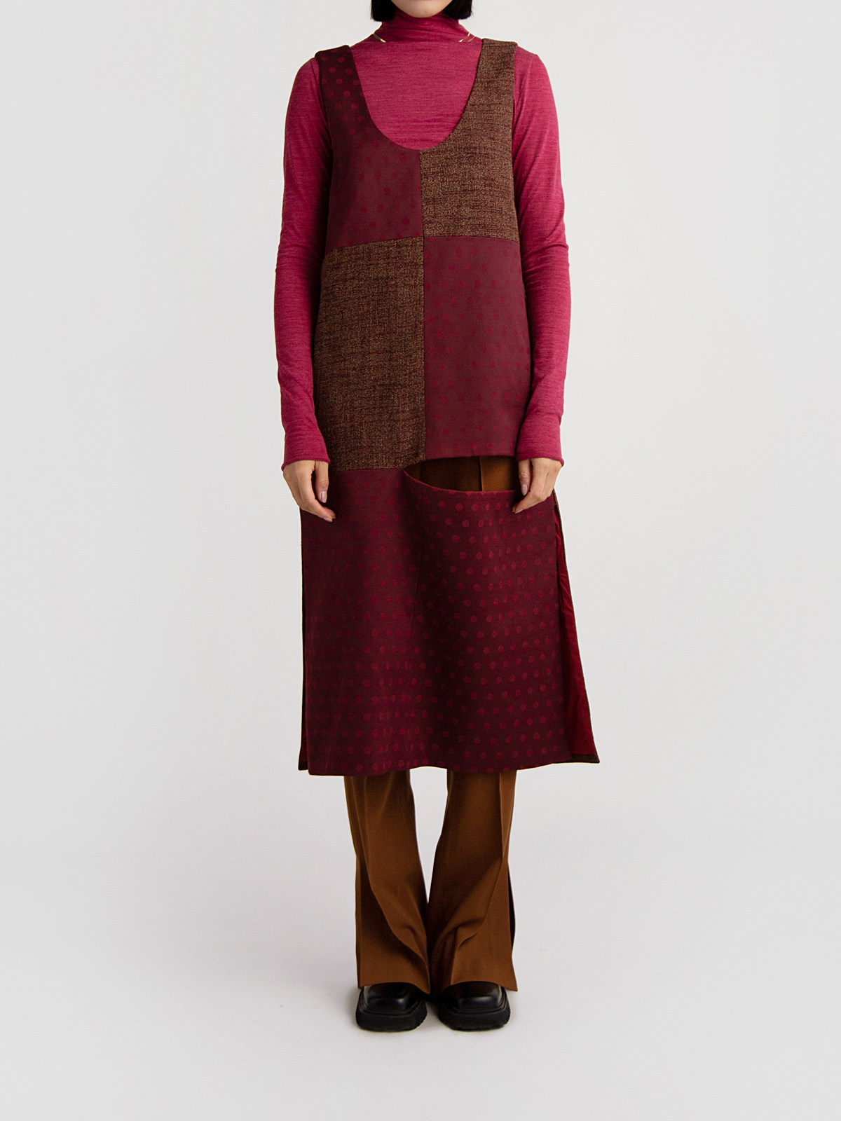 暗红色撞色拼接 连衣裙  原创设计师品牌 umutopia有沐