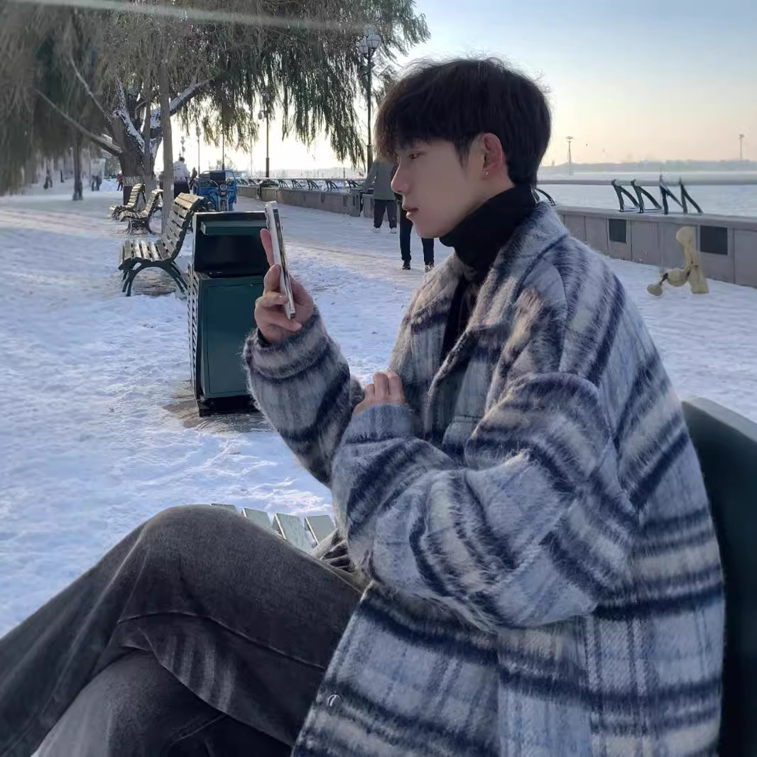 小香风毛呢格子外套男秋冬日系复古翻领呢子大衣韩版潮流风衣夹克