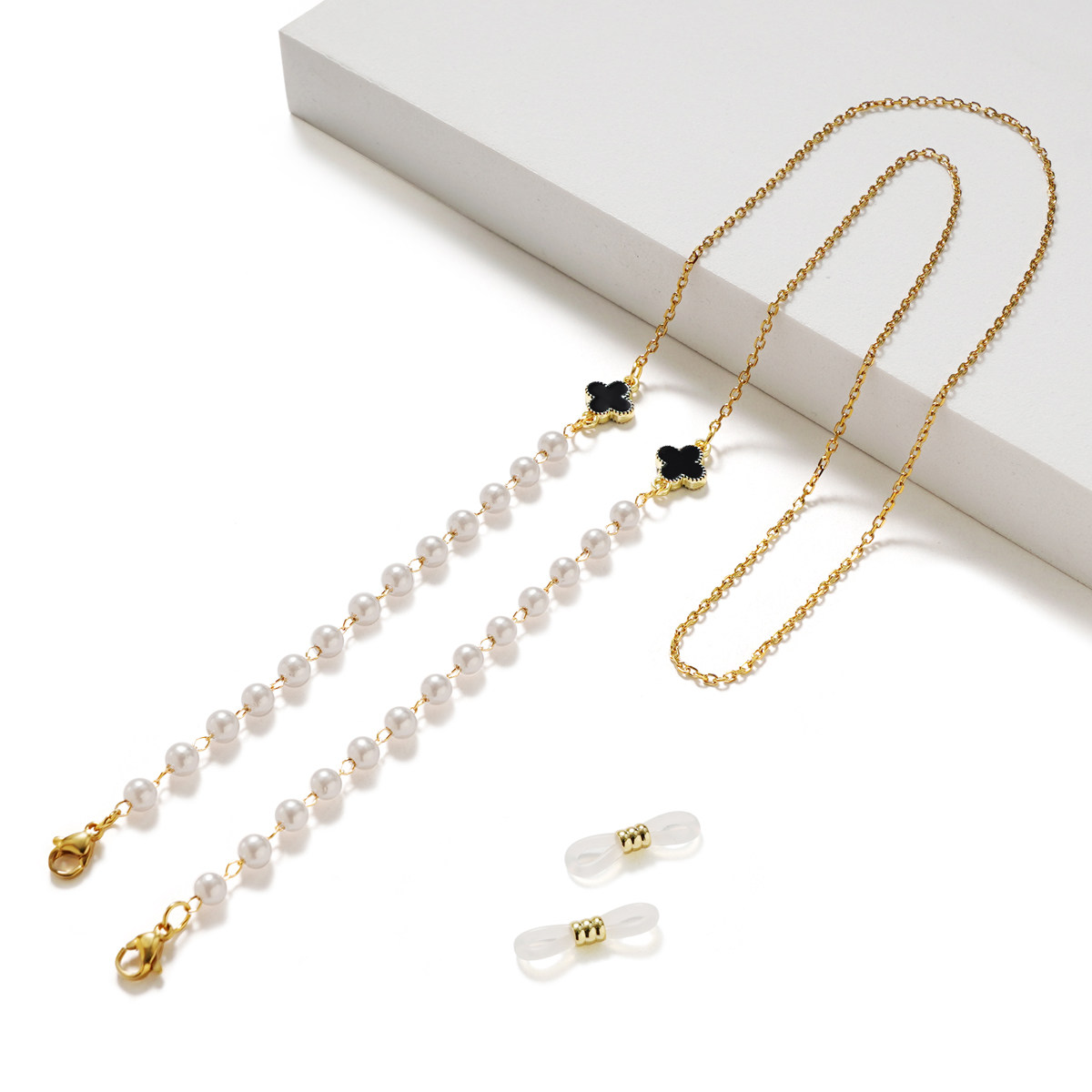 钛钢眼镜链18K金四叶草珍珠不掉色口罩耳机链条女挂脖防滑DIY挂链