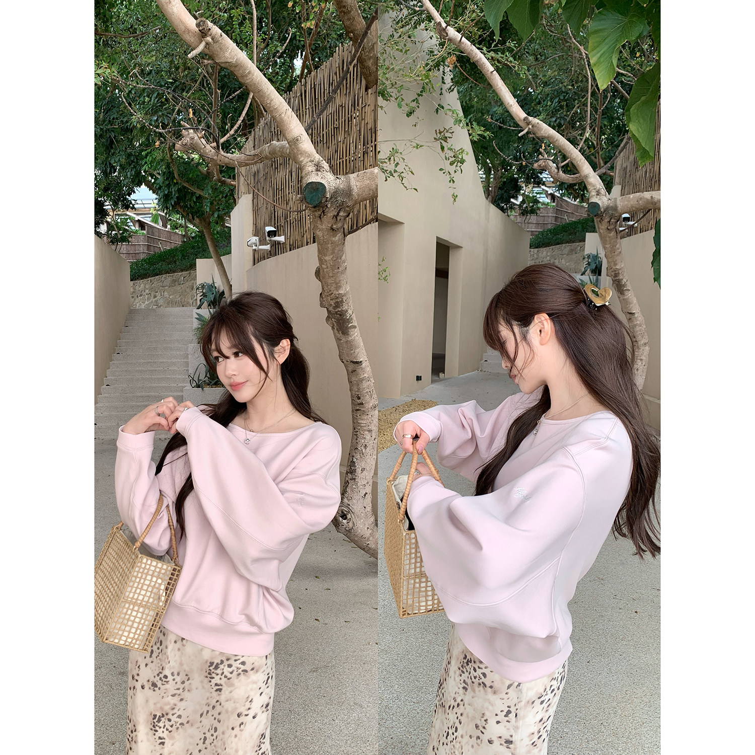 【AHY】松弛随性 韩系薄款空气层宽松遮肉简约大圆领长袖卫衣T恤