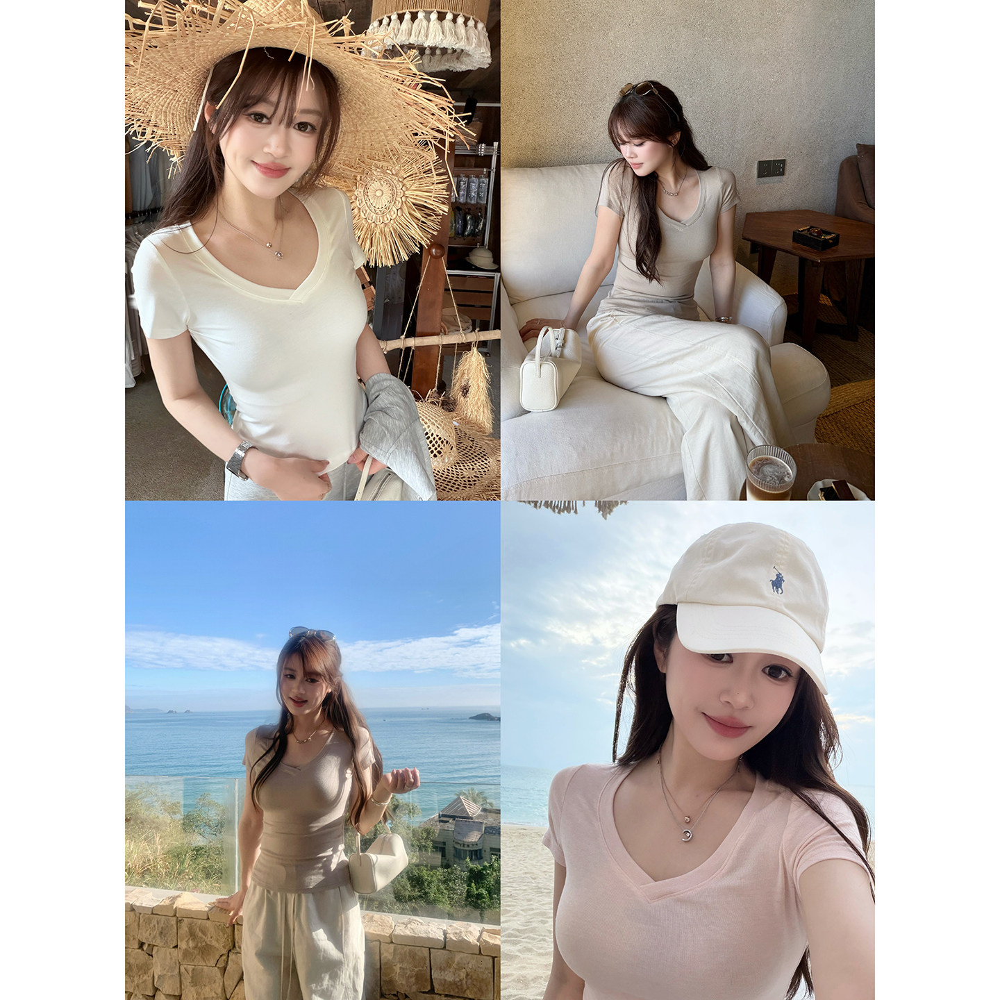 【AHY】衣橱bi备 实穿主义天丝羊毛V领正肩收腰短袖teeT恤女新品