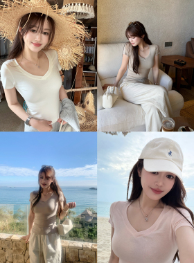 【AHY】衣橱bi备 实穿主义天丝羊毛V领正肩收腰短袖teeT恤女新品