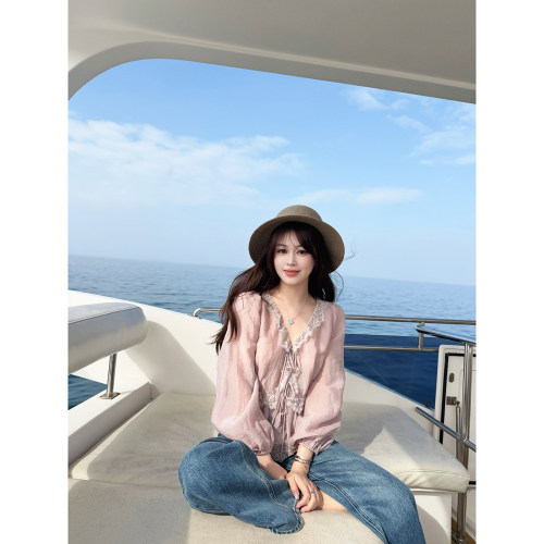 【AHY】甜系氛围感V领蕾丝雪纺衫