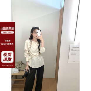上衣女新品 现货 气质荡领系带长袖 时髦知识份子桑蚕丝薄款 AHY