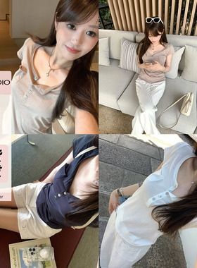 现货AHY 亚麻混纺V领排扣卷边多色正肩简约休闲百搭T恤女2025夏