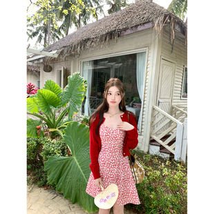 立减 25春夏折扣 红色复古碎花吊带连衣裙女 AHY