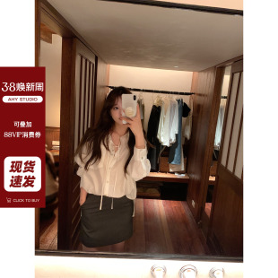 新品 现货AHY 仙仙海贝轻薄天丝飘逸系带温莎领防晒宽松廓形衬衫