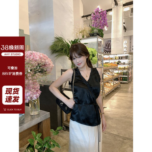 上衣新品 背心式 精致优雅100醋纤光泽质感缎面花边无袖 现货AHY