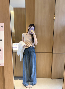 现货AHY 全棉蓝色高腰牛仔裤女2025新款宽松直筒阔腿大脚裤长裤子