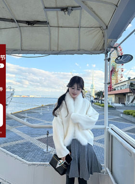 现货【AHY】气质千金100羊毛狐狸毛蝙蝠袖白色双面呢羊毛大衣新品