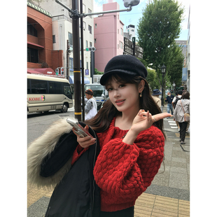 特殊菠萝纹正三针加厚针织外套小个子短开衫 私服推荐 新品 AHY