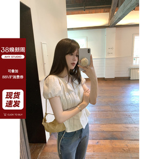 现货AHY 韩系简约100棉精致细节打褶收腰版花边泡泡袖小衫白衬衫