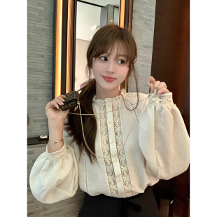 蕾丝衬衣气质v领背心裙 新款 AHY重工复古莱赛尔荷叶边衬衫 女秋季