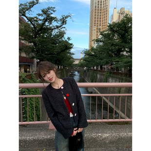 名媛气质高级感短外套 修身 AHY 黑色羊毛小香风外套女早秋2024新款