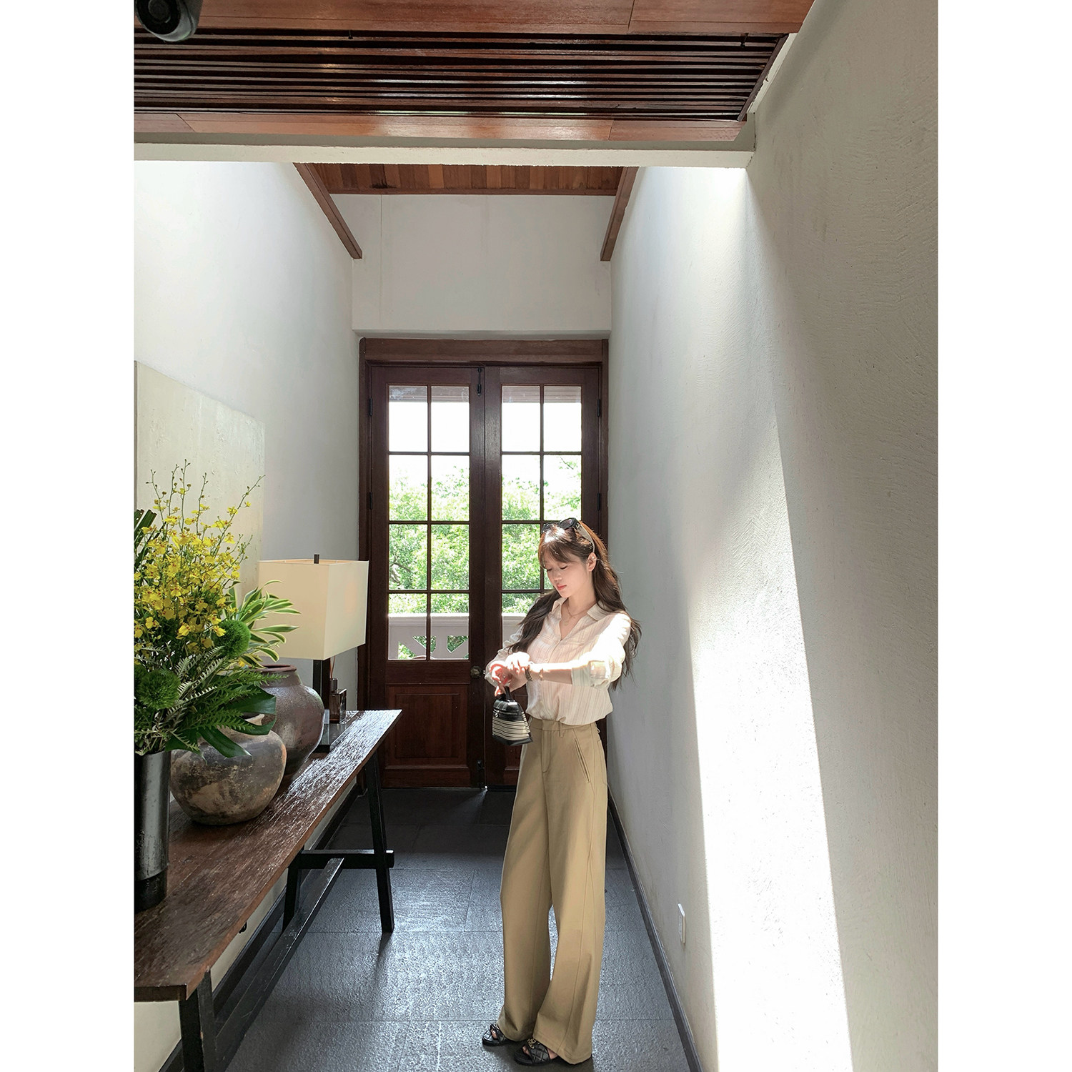 AHY 通勤神裤斜纹硬卡水洗抗皱高腰直筒休闲卡其色长裤新品