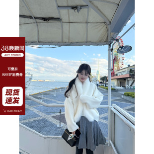 白色双面呢羊毛大衣新品 气质千金100羊毛狐狸毛蝙蝠袖 AHY 现货