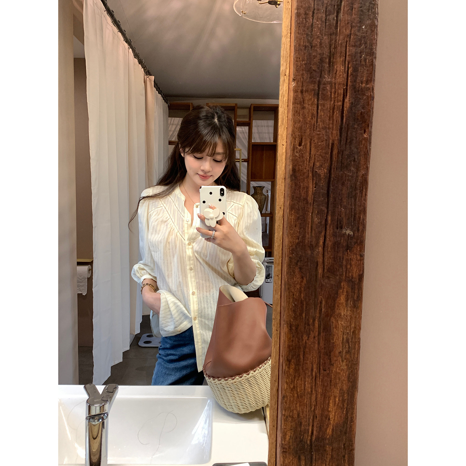 【AHY】温柔奶杏色 天丝亚麻设计简约气质7分袖条纹圆领衬衫新品