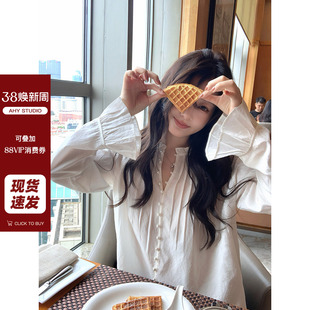 女新品 现货 白衬衫 巴黎假日100天丝圆领显瘦压褶花边喇叭袖 AHY