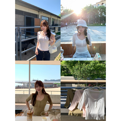 【AHY】心机T 高弹力易打理显身材排扣简约修身打底中袖T恤新品