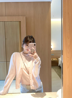 AHY 粉色圆领针织开衫女2025春装新款绿色背心气质慵懒风上衣外套