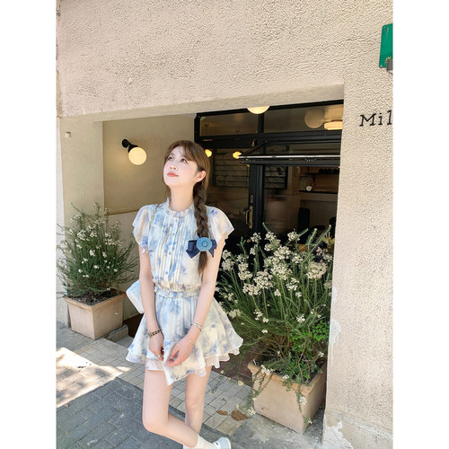 立领木耳边小飞袖衬衫+裙裤AHY