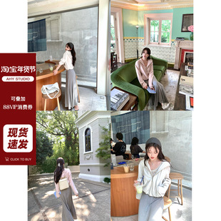 现货【AHY】气质韩女空气层连帽卫衣科技面料半裙纸片人套装新品