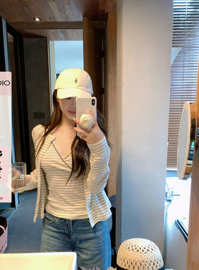 现货AHY 松弛韩女简约气质正肩蕾丝拼接条纹针织两件套早秋新品
