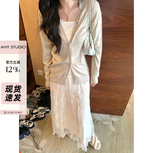 现货【AHY】经典不过时9羊毛混色薄款简约百搭针织开衫毛衣女新品