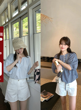 现货AHY 莱赛尔亚麻时髦中袖简约通勤百搭夏季格子纯色衬衫女新品