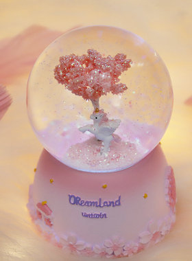 新款独角兽水晶球音乐盒八音盒自动飘雪生日礼物女生儿童女孩厂家