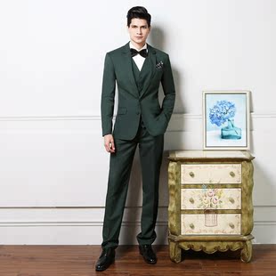 男士西服套装绿色三件套舞台演出新郎结婚礼影楼拍照主持可定制做