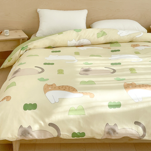 绿野猫踪 原创日系卡通全棉被套绿色被芯罩四季款1.8m2m松弛小猫