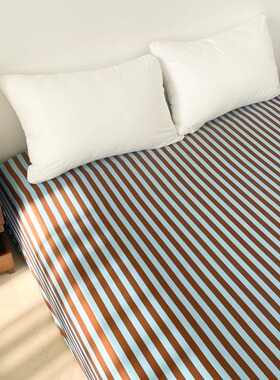 冰椰美式 蓝咖色条纹全棉床单床笠中古风深色系100棉单件被单亲肤