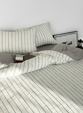 FAZOZO全棉提花灰色四件套格雷系纯棉床单床笠被套简单条纹100棉