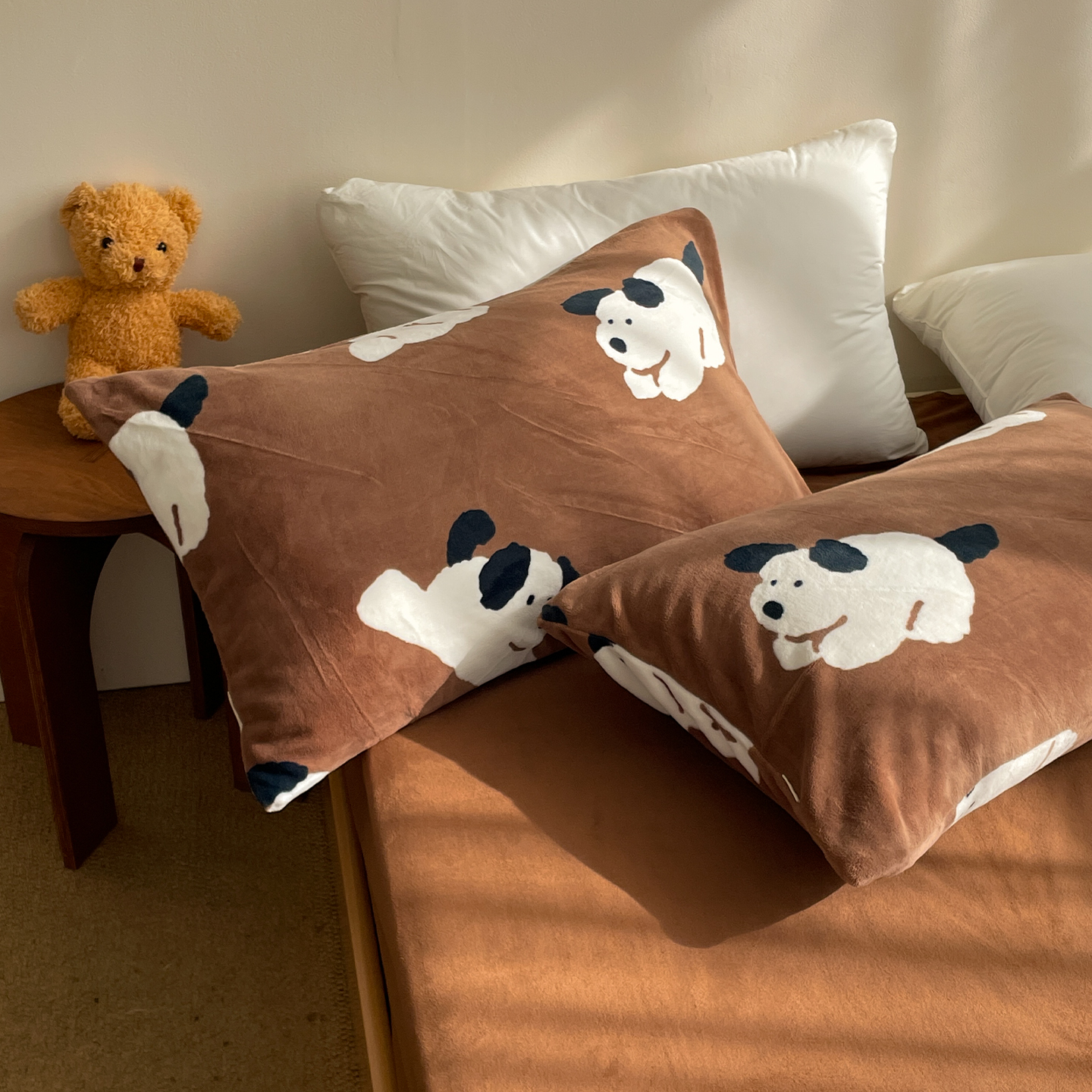 毛绒小狗 插画师原创奶油绒枕套秋冬款枕芯罩咖啡棕48X74cm单只装